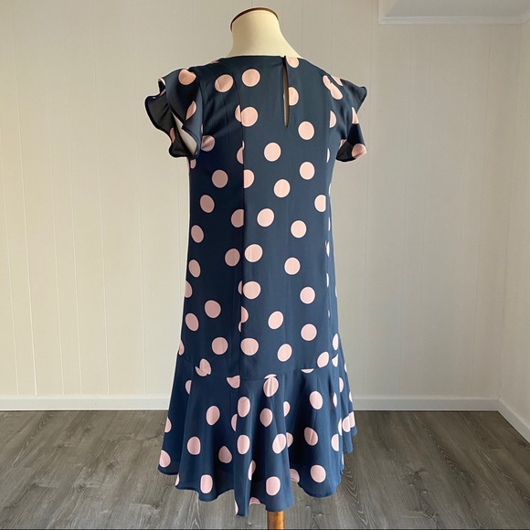 NWT Loft Polka Dot Flounce Dress Petrol Grey Pink - Picture 7 of 8